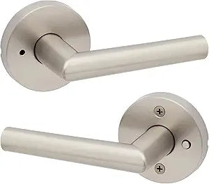 Kwikset Milan Interior Privacy Door Handle with Lock, Door Lever For Bathroom and Bedroom, Satin Nickel Reversible Keyless Push Button Lock Door Lever
