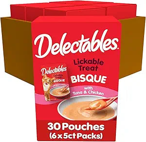 Delectables Lickable Treat Bisque Non-Seafood Wet Cat Treat with Real Tuna & Chicken, Food Topper, Hydrating, Grain-Free, No Fillers, By-Products, Added Preservatives, 1.4oz Pouch, 30ct