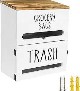 2 in 1 Trash Bag Dispenser, Double Wall Mounted,Wood Trash Bag Holder, used in kitchen, garage, laundry room, can store Environmentally friendly food bags and garbage bags (White)