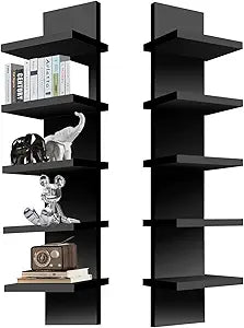 5 Tier Wall Shelf Unit, Decorative Wall Mount Vertical Shelving, Smooth Laminate Finish, Floating Storage Home Decor Organizer Tall Tower Design Utility Shelf for Bedroom Living Room (Black)