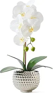 Fake Flowers with Vase, Large Orchids Artificial Flowers in Silver Pot Fake Orchid Fake Plant in Pots Artificial Flowers for Home Decor Indoor Table Centerpiece Bathroom Decoration