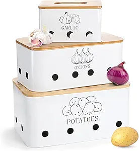 3 Pack Potato Onion Garlic Storage Set, Iron Vegetable Storage Bins with Holes Bamboo Lids, Stackable Kitchen Organization Container Storage Tin for Countertop Pantry