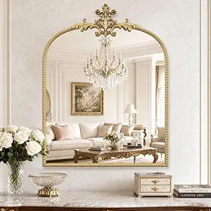 PERHOM Wall Mirror Decor Baroque - Gold Antique Arched Beaded Mirror,Vintage Baroque Ornate Metal Framed Mirror for Fireplace,Entryway,Living Room,Hallway,Bathroom,Dining Room,Bedroom, 32"x24"