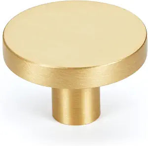 2-Pack Gold Kitchen Cabinet Knobs, Solid Brass Knobs for Dresser Drawer, Round Minimalist Bathroom Cabinet Pulls, Modern Furniture Hardware, Brushed Finish, Diameter 1-3/16 Inch
