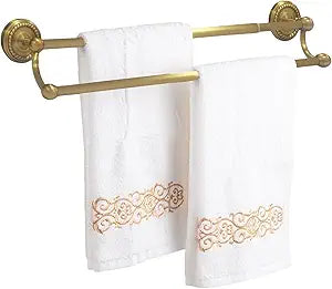 Double Towel Bar, Antique Brass Bathroom Towel Racks Wall Mounted, Adjustable Vintage Gold Towel Bar 13.4-24.8 Inch Usable Bar Length, Heavy Duty Rustproof Brass Towel Rod Holder for Bath