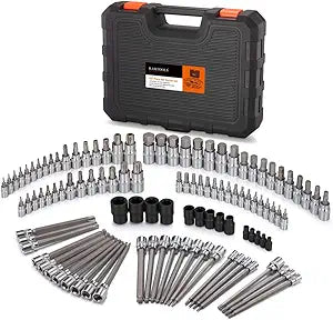 107-Piece Allen and Torx Bit Socket Set, 1/4", 3/8" and 1/2" Drive Hex/Ball End Hex/Extra Long Tamper Proof Torx SAE & Metric Bit Set