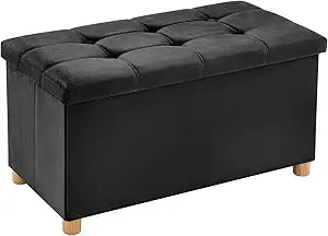 YOUDENOVA 30 Inches Folding Storage Ottoman Bench, Velvet Storage Chest, Footrest Couch with Wooden Legs, Support 350lbs for Bedroom, Living Room, Hallway, Black,Clearance