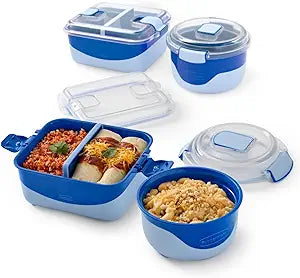 Rubbermaid Pack & Go Microwavable Set With Two 1.35 L Container with Divider Insert and Two 360 mL Round Containers, Leakproof Meal Prep Containers
