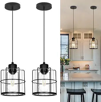 Industrial Black Pendant Lights Kitchen Island, Glass Island Pendant Lights Set of 2, Small Ceiling Kitchen Island Lights with Adjustable Cord, Farmhouse Hanging Light for Hallway Bathroom