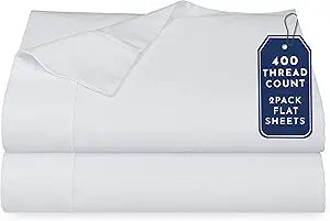 California Design Den Pack of 2 King Flat Sheets Only - 400 Thread Count, 100% Cotton Sateen, Soft and Breathable King Top Sheet Only Pack, Elegant 4" Hem Style - White