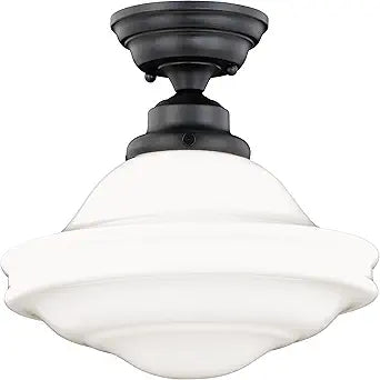 VAXCEL Huntley 12 Inch Schoolhouse Semi Flush Light, Oil Rubbed Bronze Finish, White Milk Glass, Dimmable Ceiling Mounted Lighting