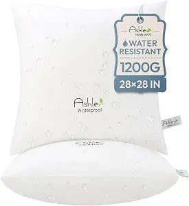 Ashler Outdoor Throw Pillow Inserts - 28 x 28 Pillow Inserts Set of 2, Water Resistant Hypoallergenic Pillows Decorative for Garden, Waterproof Pillow for Sofa Couch, White