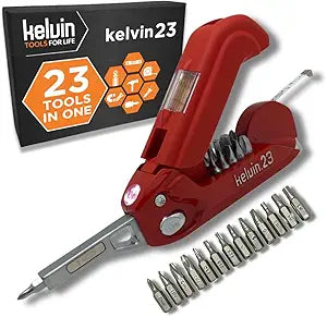 Kelvin Tools Kelvin 23 Urban Multi Tool Screwdriver Set All in One with 16 Bit Set, Tape Measure, Liquid Level, Hammer, Flashlight Multibit Pocket Screwdriver, Universal Precision Screwdriver - Red