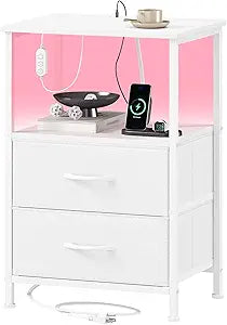 Somdot White Nightstand with Charging Station and LED Light for Bedroom, 2 Drawers Dresser with Fabric Bins for Bedside Kids Dorm Room Closet Laundry Entryway, White Leather