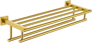 Angle Simple Towel Rack with Holder for Bathroom, SUS 304 Stainless Steel Wall Bath Towel Shelf with Double Bar, Brushed Dark Gold, 23.62 Inches