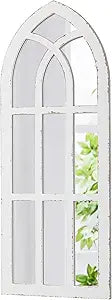 Rustic Long Arched Window Mirrors for Wall Decor 14 X 36 inch, Hanging Distressed White Window Pane Mirror, Handmade Farmhouse Wood Cathedral Mirror Window for Bathroom Living Room Entryway