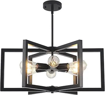 Modern Farmhouse Chandelier, 23.6'' Large Black Chandelier Light Fixture Industrial Geometric Chandeliers for Dining Room Entryway Living Room Kitchen (6 Lights, E26)