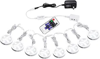 AIBOO Linkable Under Cabinet LED Lighting 12V Slim Aluminum Dimmable Puck Lights with RF Remote Control & UL Listed Plug for Display Bookshelf Lighting(8 Lights, Daylight White)