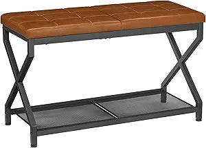 HOOBRO 29.5" Shoe Bench, Entryway Bench with Tufted PU Leather Cushion, Boot-Friendly Shoe Rack Bench Holds 300 lb, Industrial Shoe Storage Organizer for Small Space Front Door, Whiskey Brown CB24HX01