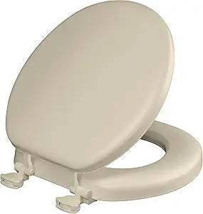 Mayfair Padded Toilet Seat, Cushioned Soft Vinyl over Wood Core Seat, Secure Hinges, Easy Clean, Made in USA, Round, Bone