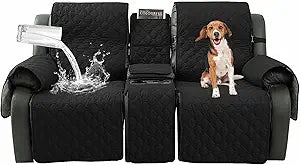 Loveseat Recliner Cover with Center Console, 100% Waterproof Pet Cover for Dual Recliner with Straps Design, Split Reclining Loveseat Covers Furniture Pet&Kids Protector (Black)