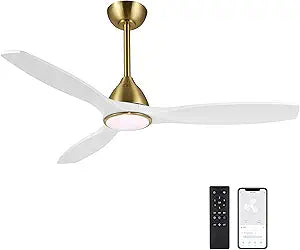 LEDLUX 52" Ceiling Fan with Light, 6-Speed Remote/APP Control, Modern Smart Dimmable LED Light, Reversible DC Motor, 3 Solid Wood Blades, Compatible with Alexa and APP Bedroom Living Room Gold/White