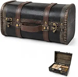 Wooden Treasure Chest Box, Leather Crafting Vintage Small Decorative Storage Boxes, Versatile Display Decorative Box with Hinged Lid for Jewelry Trinkets, Keepsakes, Photo Props(10.4"x5.9"x8.26")