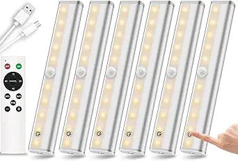 Remote Control Under Cabinet Lighting Wireless 6 Pack, 20-LED Dimmable Closet Lights Rechargeable Under Counter Light, Stick on Touch Night Light Strip Bar for Kitchen Stairway Bedroom, 3 Colors