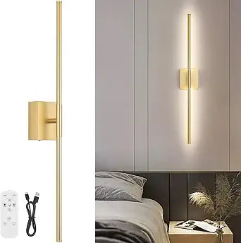 Battery Operated Wall Sconce, 3000K-6000K Dimmable Gold Wall Lights with Remote Control, Timable LED Wireless Wall Sconces, 350 Ratate for Bathroom, Living Room, Hallway 29.1 Inch 1 Pack