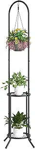BMOSU Plant Stand with Hooks Indoor Outdoor Corner Tall Plant Stand Heavy-Duty Metal 3-Tier Plant Shelf Holder Rack for Patio Garden Balcony Living Room Bedroom(circular Black)