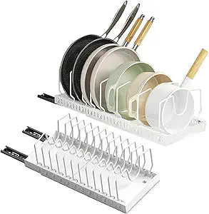 pots and pans organizer under cabinet,pot lid organizers inside cabinet holders for kitchen,Horizontal and vertical pulling modes,cast iron storage ((2pcs) White vertical)