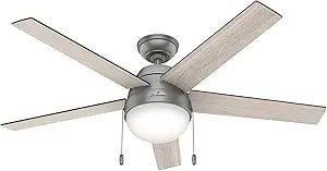 Hunter 52 inch Indoor Ceiling Fan with LED Light - Ceiling Fan with Pull Chain, For Bedroom, Living Room, or Kitchen, Standard Mount, No Remote, 5 Blades - Anslee 50230, Matte Silver