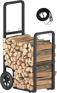 Easy-Assembly Firewood Cart, Rolling Log Carrier for Outdoor & Indoor Use, Wood Rack Storage Mover for Fireplace & Fire Pit, Heavy-Duty Steel Log Dolly Hauler with Rubber Wheels, Black
