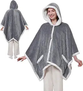 Sealy Heated Throw Wearable Shawl Wrap with Pockets, Reversible Flannel to Sherpa Electric Blanket Hoodie Poncho with 6 Heating Levels & 2-10 Hours Time Settings, 50 X 60 Inch, Light Grey