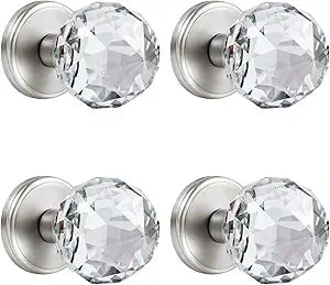 4 Pack Crystal Glass Dummy Door Knobs, Clear Diamond Single Side Dummy Door Knob Set, Satin Nickel