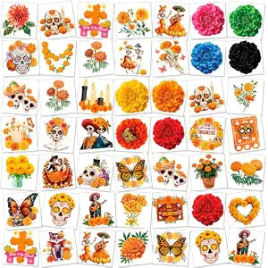 HOWAF 80pcs Marigold Flower Temporary Tattoos, Day of the Dead Floral Tattoos Stickers for Dia De Los Muertos Women Man Costume Accessories, Dead Day Skull Skeleton Bride Face Tattoo