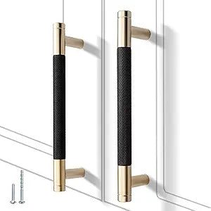 12 Pack 5 Inch 128 mm Knurled Cabinet Handles Cabinet Pulls Aluminum Handles Pulls Gold and Black Oxidation Finish with Diamond Pattern 6" Length (5" Hole Center)