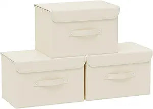 Fabric Storage Bins Cube Organizers with Flip-Top Lid and Handles,Storage Boxes for Organizing Home,Office,and Closet,Beige,3 Pack 15 x 9.8 x 9.8 in
