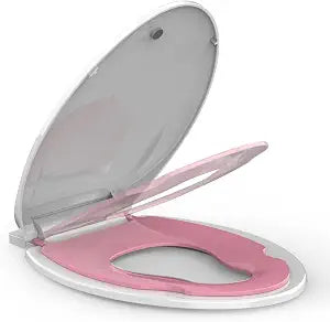 19 Inch White and Pink Elongated Family Toilet Seat with Built In Potty Training Seat Slow Close Plastic Toilet Cover for Adults and Toddlers Easy Clean
