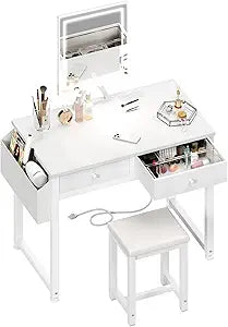 Lufeiya Small Makeup Vanity Desk with Fabric Drawers, 32 inch White Vanity Desks with Mirror and Light, Dressing Table and Chair Set with Power Outlet for Girls Bedroom, White