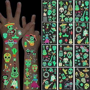 Day of the Dead Luminous Halloween Temporary Tattoo, 125PCS Waterproof Fake Face Tattoos, Body Stickers Decorations Glow in the Dark, Makeup Party Favors Supplies Decor