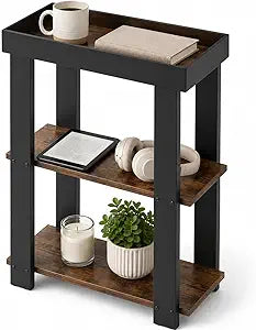 Narrow Side Table, 3-Tier Side Table, Rustic Farmhouse Narrow End Table with Storage, Slim Table Nightstand for Small Spaces, Bedroom or Living Room (Rustic Brown)
