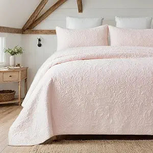 Brandream Queen Size Quilt Set Cotton Pink Quilts Summer Botanical Floral Matelasse Coverlet Set 3-Piece
