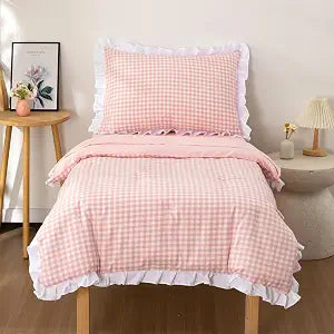 NTBED 4 Pieces Pink Toddler Bedding Set for Baby Girls, Gingham Plaid Checkered Grid Ruffles Comforter, Includes Comforter, Flat Sheet, Fitted Sheet and Pillowcase