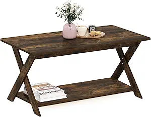 Furinno Modern Simplistic Coffee Table, 2-Tier Rectangle Center Table with Open Shelf and X-Legs, Criss-Crossed Side Table, for Living Room, Bedroom, Home Office, Amber Pine