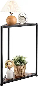 MyGift 25 Inch Tall Corner Side End Table, 2 Tier Rustic Burnt Solid Wood Shelf with Black Metal Frame Living Room Triangular Accent and Plant Display Stand