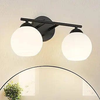 Emak Black Vanity Lights for Mirror, Modern Farmhouse 2-Light Bathroom Light Fixtures Globe Bathroom Vanity Light with Milk Glass Shade, VL114-BK-ML-2