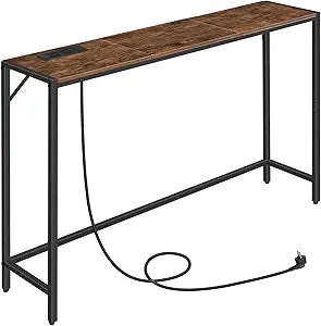 MAHANCRIS Console Table, Narrow Sofa Table, 43.3 Entrance Table with Power Station, Behind Couch Table, Simple Style, for Living Room, Hallway, Entryway, Foyer, Rustic Brown and Black CTHR112E01
