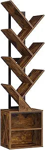 RALGEND Tree Bookshelf, 6 Tier Bookcase with 2 Storage Racks, Free Standing Tall Wooden Bookcase, Floor Standing Book Shelf Organizer for Living Room, Bedroom, Study, Rustic Brown 6701SJBF