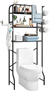 Over The Toilet Storage Metal 3 Tier Bathroom Organizer Shelf with Paper Holder Easy to Assemble & Space Saving (Black)